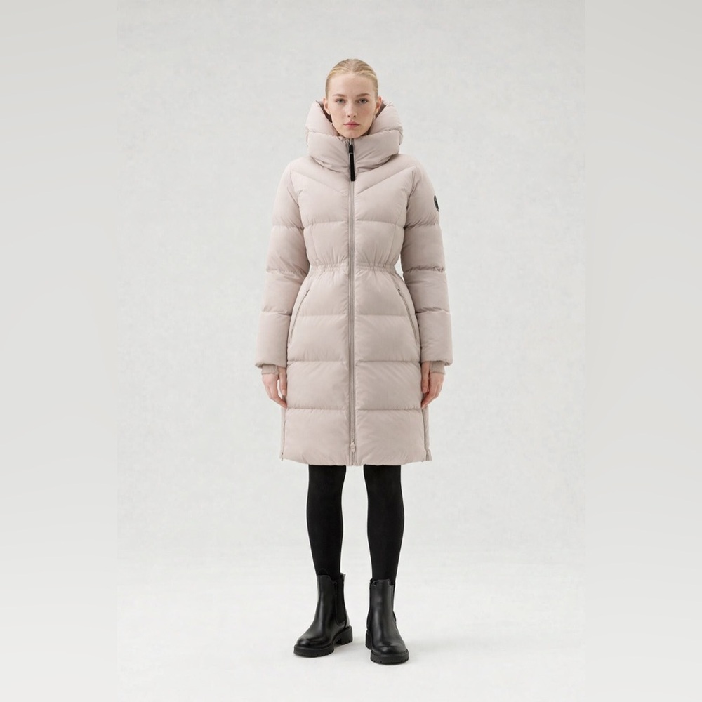 Woolrich Light Taupe Long Down Parka in Stretch Nylon with Detachable Hood